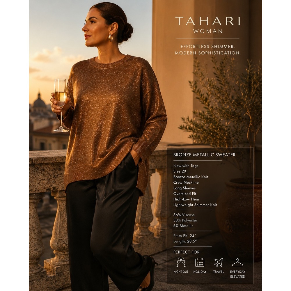 Tahari Woman Bronze Metallic Shimmer Sweater Oversized Knit Crew Neck 2X NWT